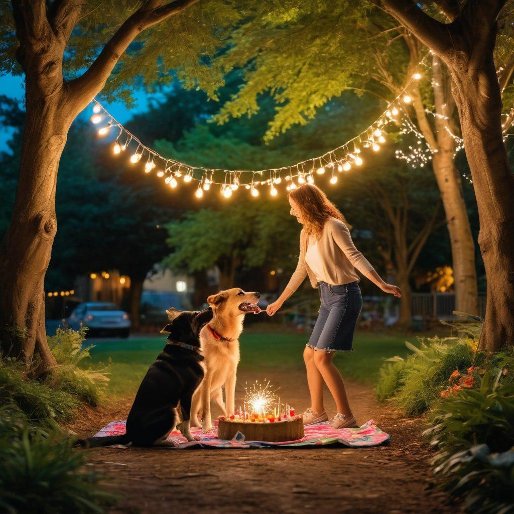 A colorful collage of unexpected moments in life, showcasing a spontaneous picnic in a lush green park with friends laughing, a street artist creating vibrant graffiti, and a couple dancing under twinkling fairy lights. Include elements that represent joy and unplanned adventures, like a surprise birthday cake and a playful dog running around. Illustrate a sense of movement and joy. vibrant colors. super-realistic.