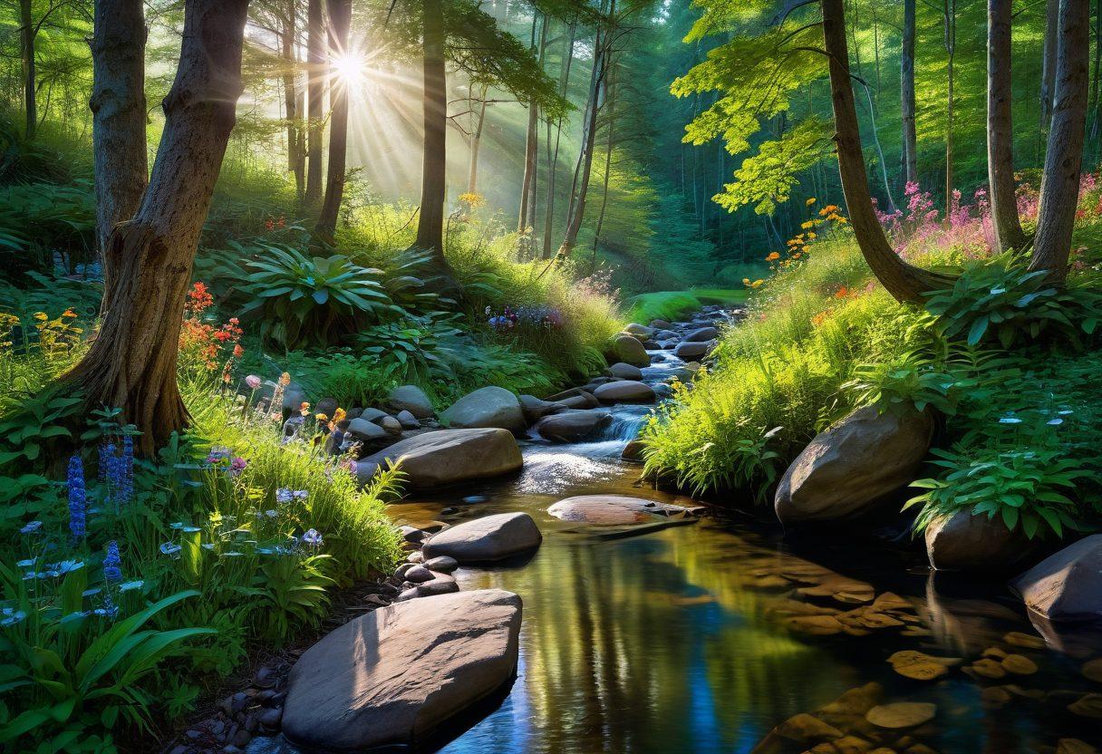 A serene landscape showcasing a lush, untamed forest with scattered wildflowers, a clear stream flowing gently, and sun rays filtering through the trees. Include a figure peacefully meditating on a rock by the stream, surrounded by butterflies and birds in flight. The scene should evoke tranquility and connection with nature, highlighting the beauty of unplanned moments. vibrant colors. super-realistic.