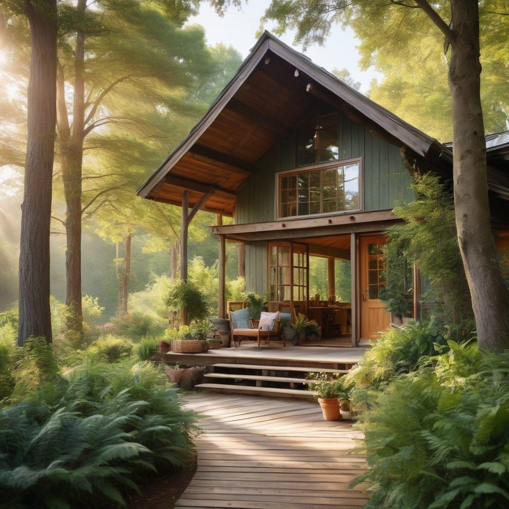 A serene landscape featuring a cozy cabin surrounded by lush greenery, symbolizing authentic living. Include warm sunlight filtering through tall trees, with a figure enjoying a moment of reflection on a wooden porch, embodying tranquility and simplicity. Integrate elements like handmade crafts and organic produce in the foreground to emphasize genuineness. super-realistic. vibrant colors. soft focus.